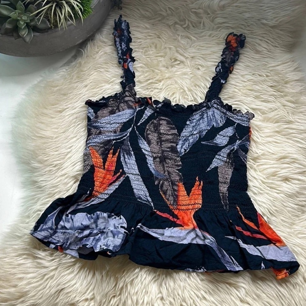 Patron of peace smocked ruffle tank top medium tropical Print women’s navy blue